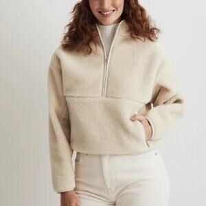 Madewell Jacket Faux Shearling Half-Zip Pullover Boxy Ecru Cream NWT XS